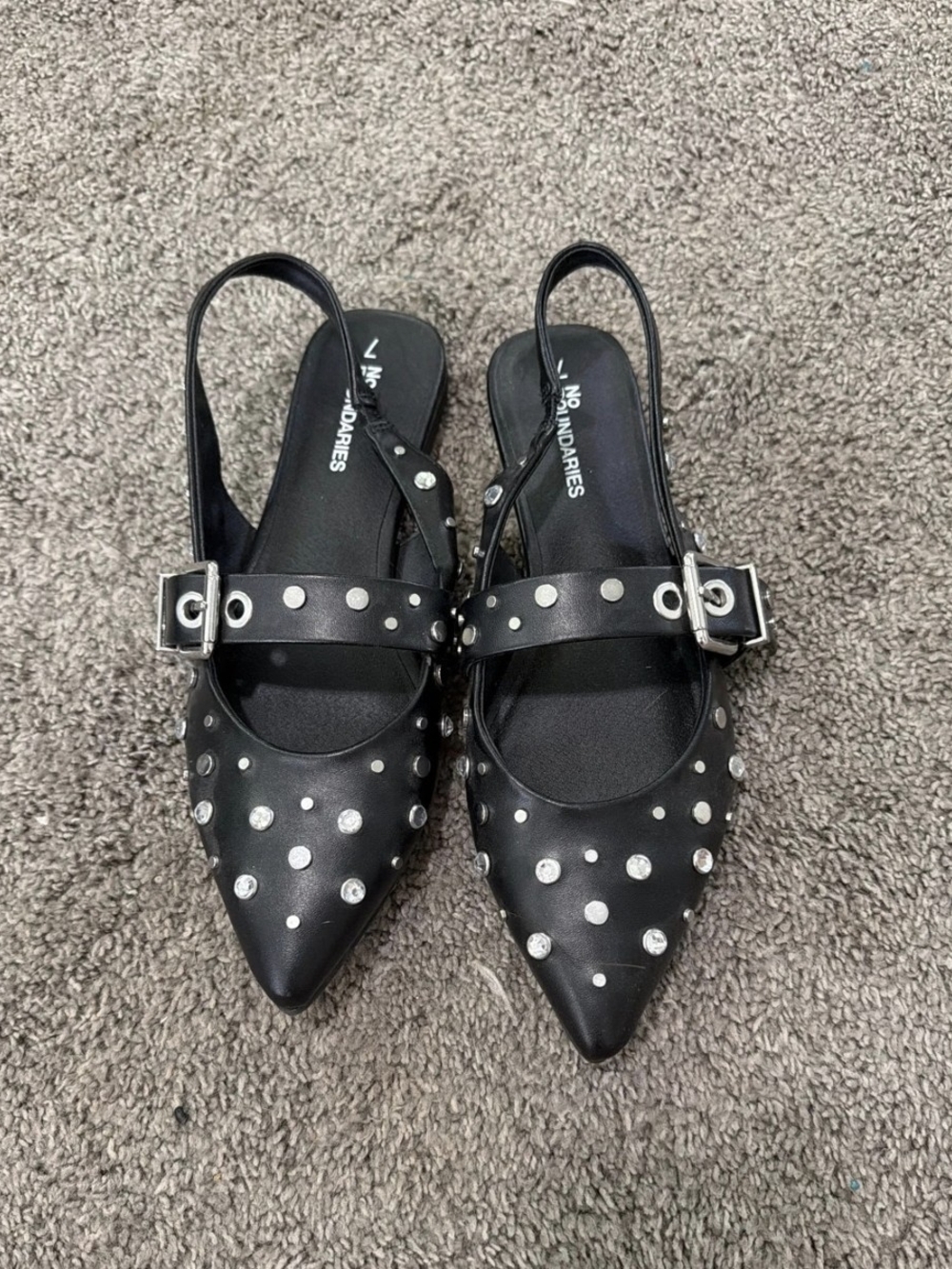 No Boundaries Black Pointed Slingback Flats with Silver Studs